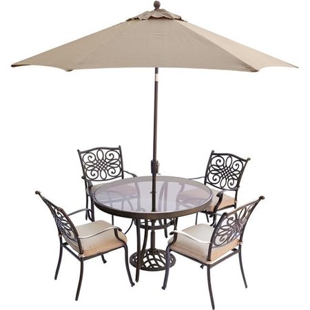 HANOVER Hanover TRADDN5PCG-SU Traditions Dining Set with Chairs & Glass Table; Umbrella - 5 Piece TRADDN5PCG-SU
